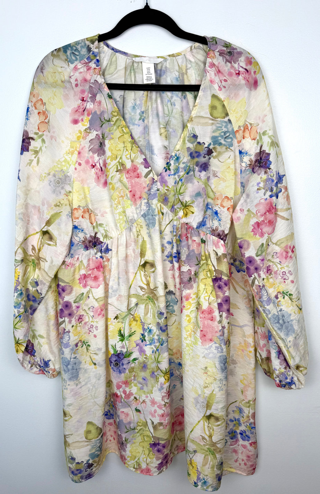 Watercolour Boho Babydoll Mini Dress | Size M at Blue Sparrow Shop on hanger
