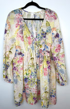Watercolour Boho Babydoll Mini Dress | Size M at Blue Sparrow Shop on hanger