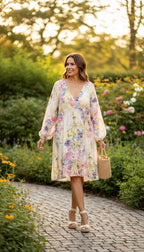 Watercolour Boho Babydoll Mini Dress | Size M at Blue Sparrow Shop on woman walking through a garden 