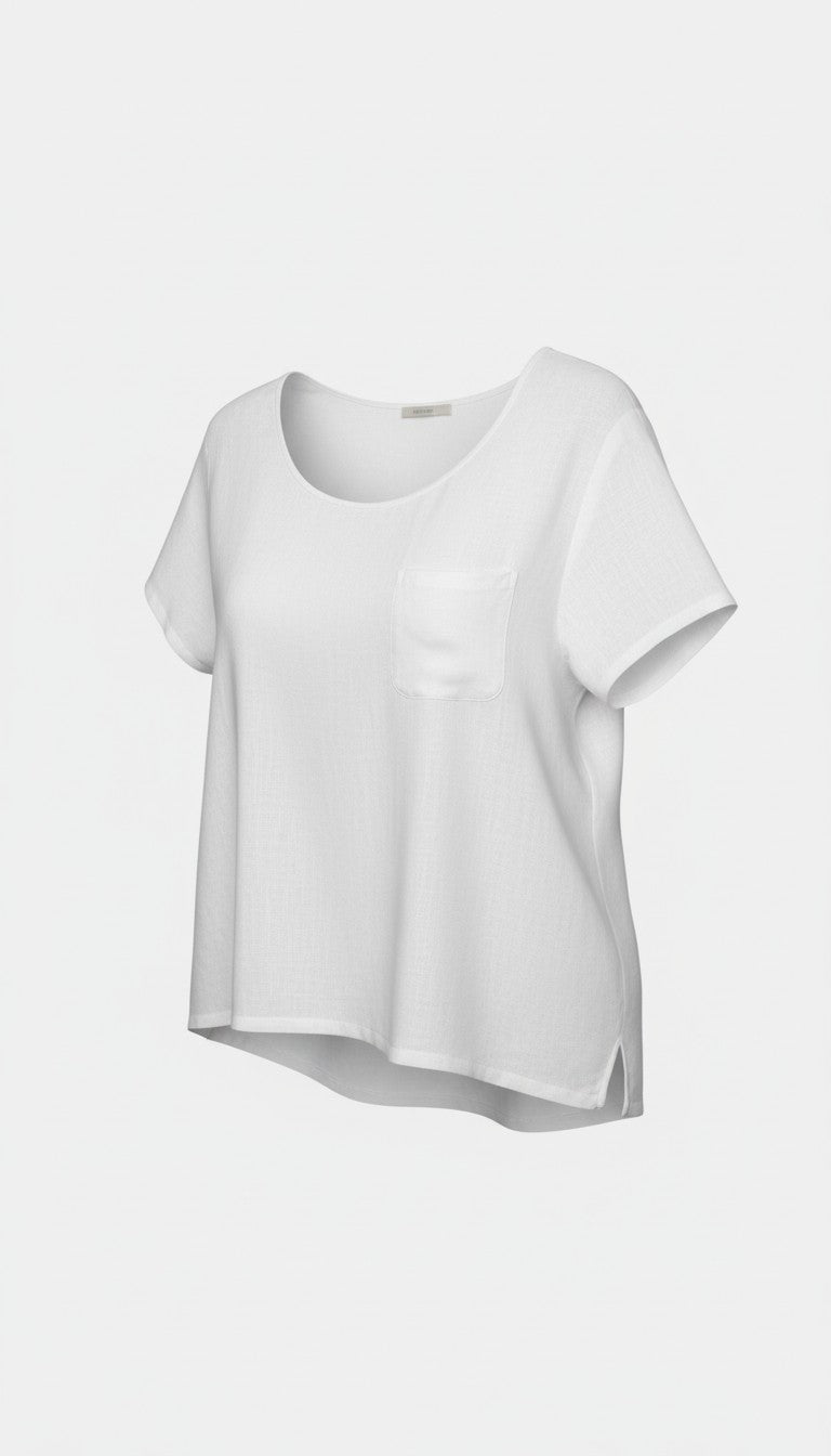 White linen blend basic, boxy, short sleeve tee with chest pocket at Blue Sparrow Shop