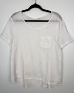 White linen blend basic, boxy, short sleeve tee with chest pocket at Blue Sparrow Shop front of top on hanger