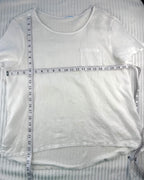 White linen blend basic, boxy, short sleeve tee with chest pocket at Blue Sparrow Shop measuring 40" bust and 24-26" shoulder to hem 