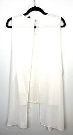 White longline sleeveless vest women minimalist open front duster top XL back view on hanger