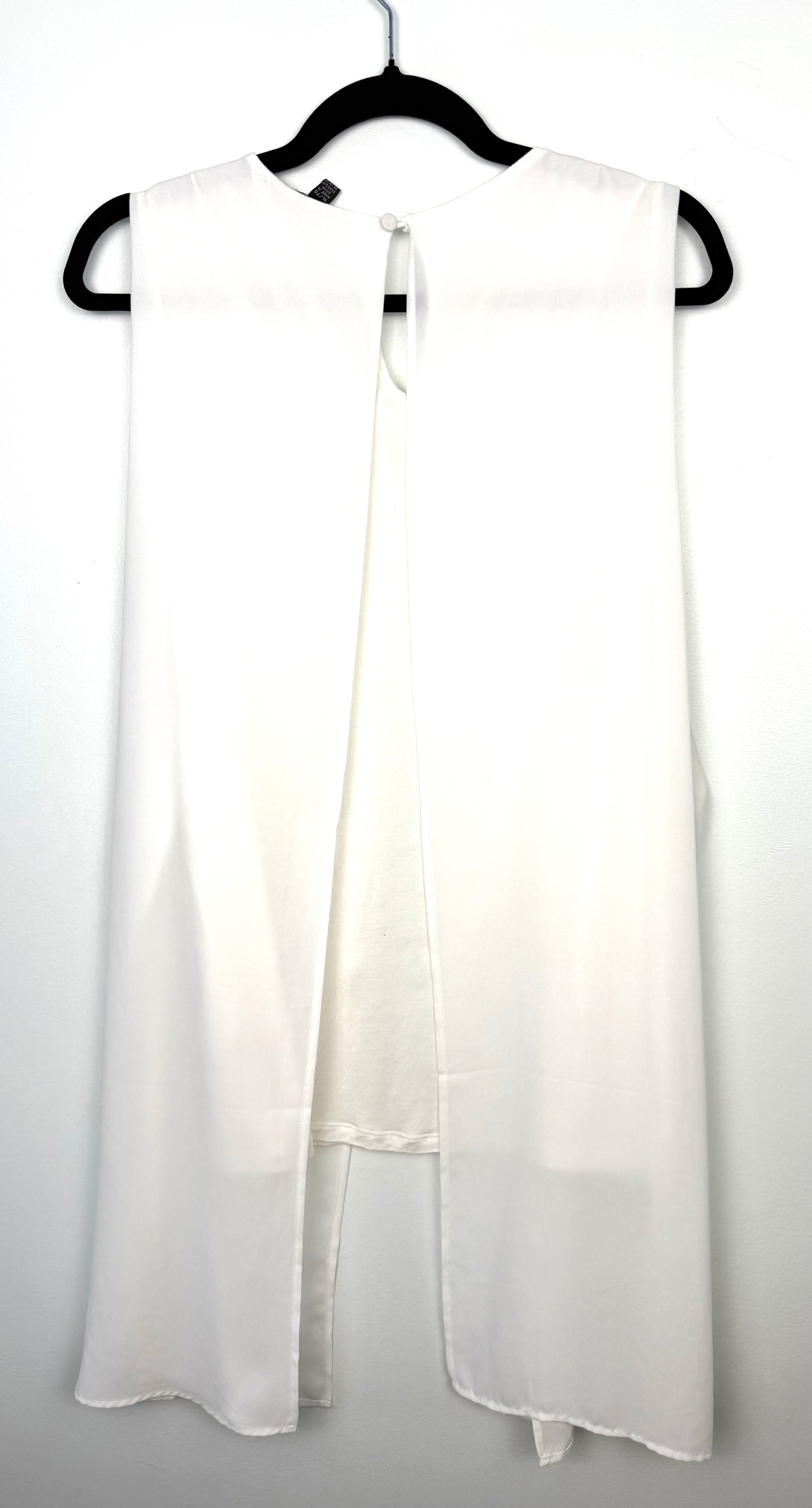 White longline sleeveless vest women minimalist open front duster top XL back view on hanger