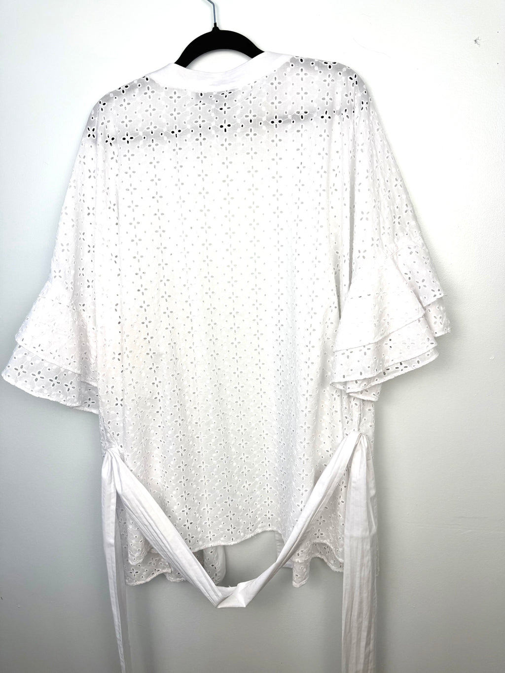White open front kimono cardigan with self tie belt detail, plus size summer layering piece for dresses and tanks back view 