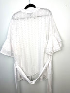 White open front kimono cardigan with self tie belt detail, plus size summer layering piece for dresses and tanks back view 