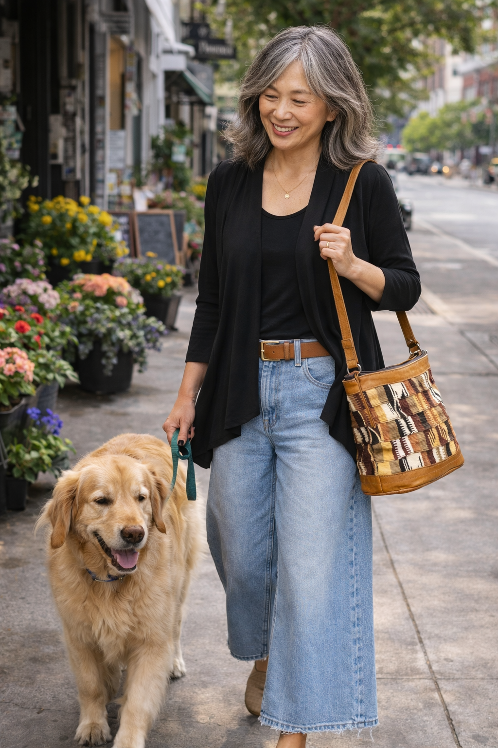 Woman walking her dog carrying Vintage Woven Patchwork Boho Crossbody Bag from Blue Sparrow Shop