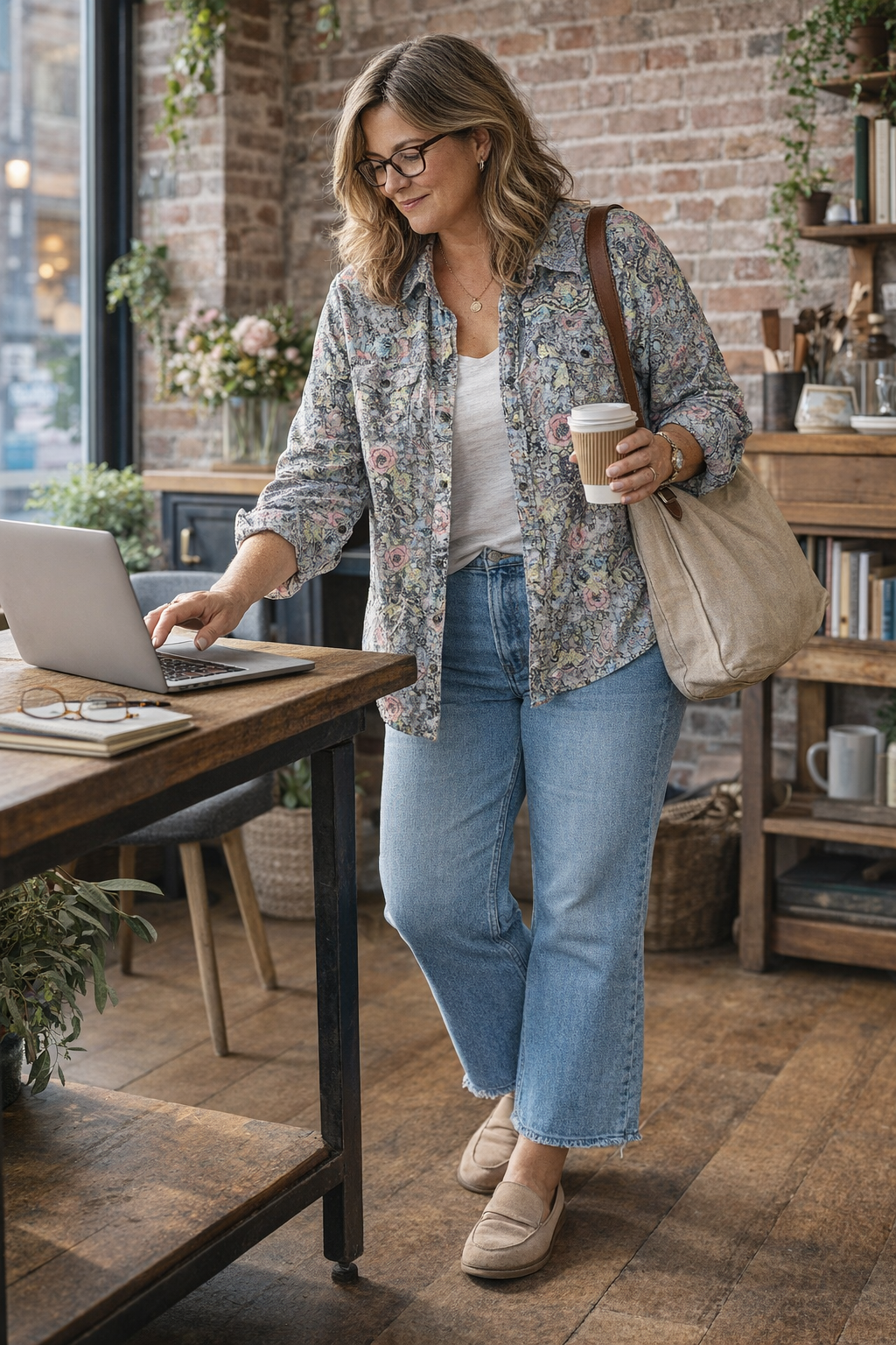 Women's 100% Cotton Wrangler Western Button Front Shirt at Blue Sparrow Shop on a woman at laptop 