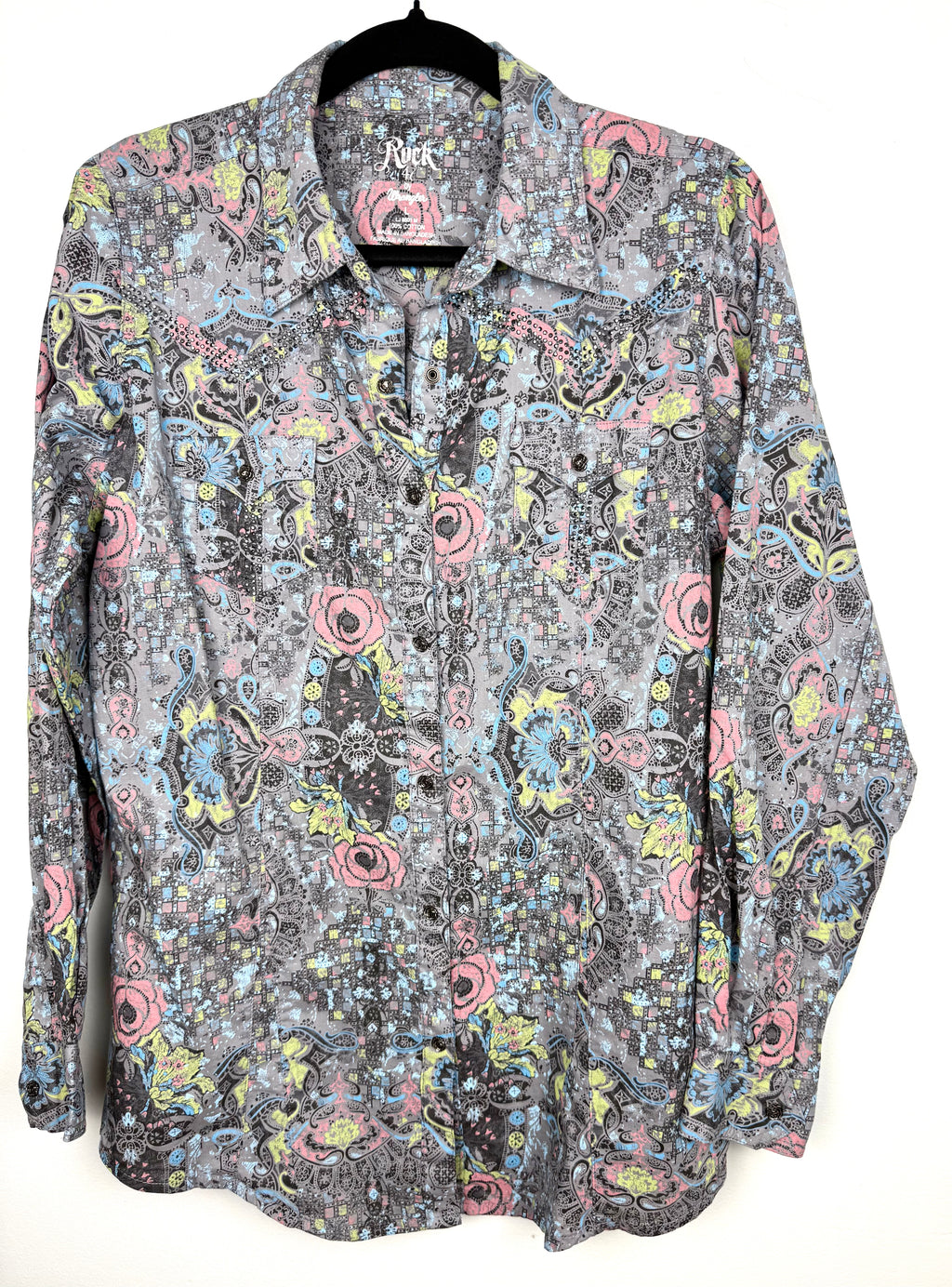 Wrangler Cowgirl Western Button Front Shirt with Rhinestone detail on hanger