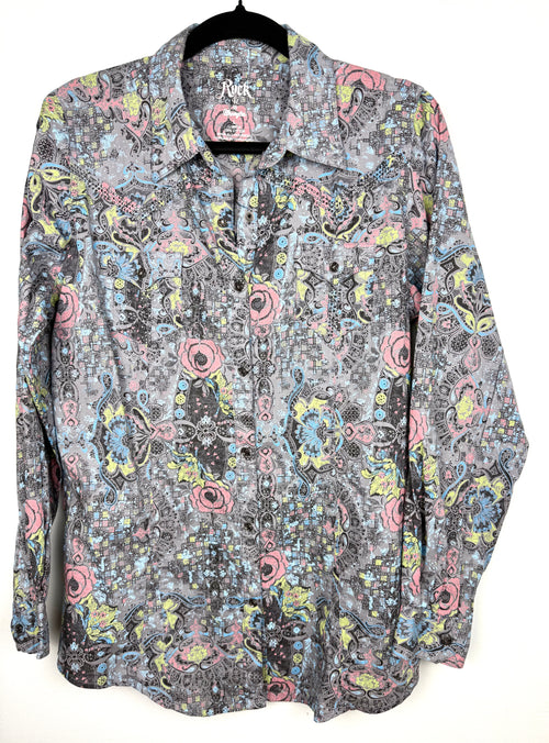 Wrangler Cowgirl Western Button Front Shirt with Rhinestone detail on hanger