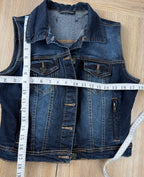Y2K dark denim distressed wash womens vest measuring 36" bust 17.5" shoulder to hem