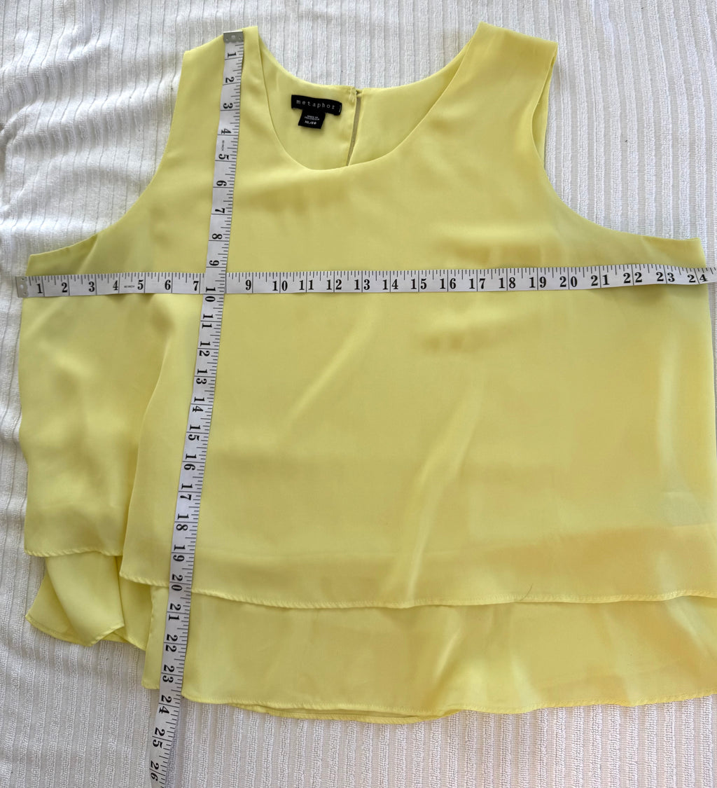 Yellow Layered Sleeveless Blouse | Metaphor Double Layer Chiffon Tank | Size XL at Blue Sparrow Shop measuring 48" bust and 24" length