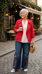 Zara 100% Linen Jacket | Size M at Blue Sparrow Shop on woman wearing embroidered jeans walking with coffee