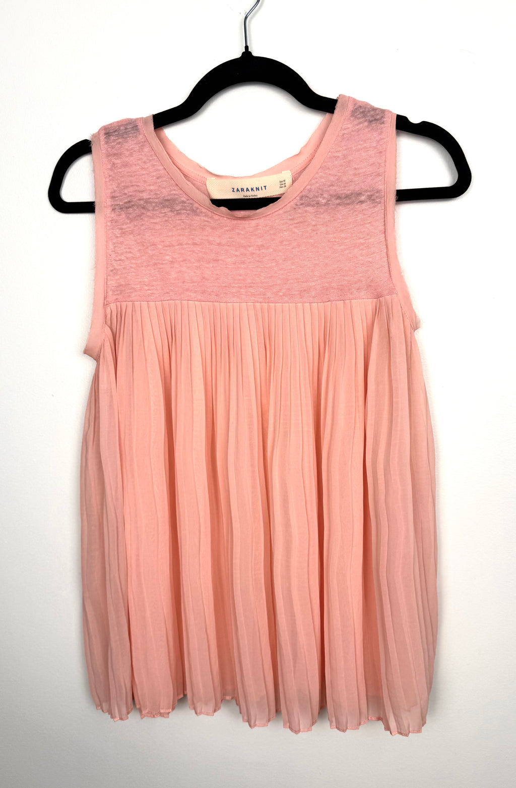 Zara Knit blush pink sleeveless pleated chiffon blouse front view