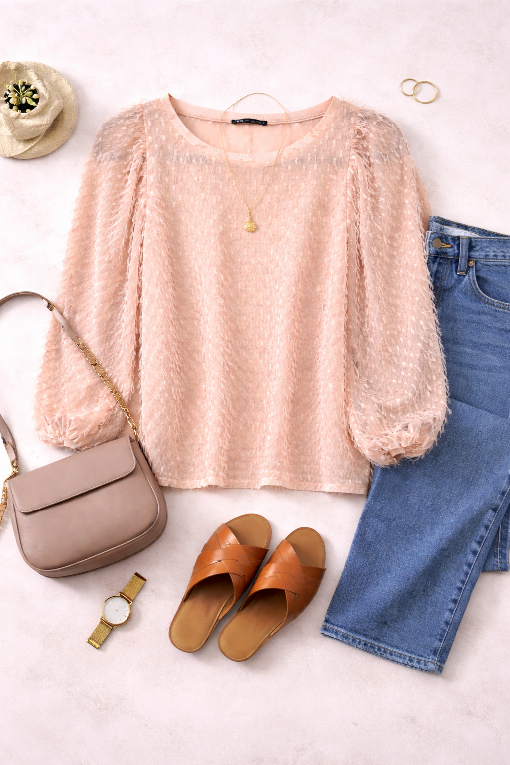 Zara Textured Fringe Blouse | Oversized S at Blue Sparrow Shop lifestyle flatlay with shoes, purse, jeans, watch