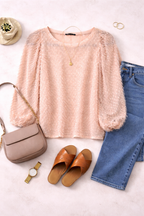 Zara Textured Fringe Blouse | Oversized S at Blue Sparrow Shop lifestyle flatlay with shoes, purse, jeans, watch