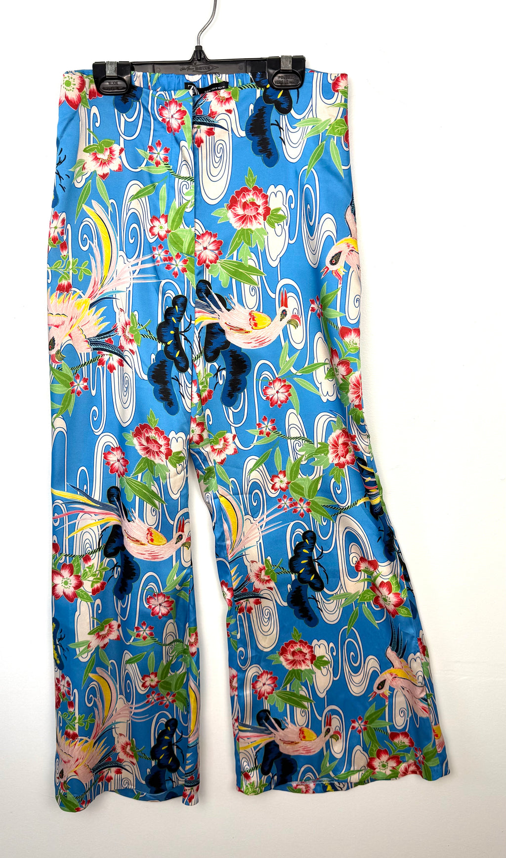 Zara blue tropical bird floral wide leg pants on hanger