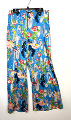 Zara blue tropical bird floral wide leg pants on hanger