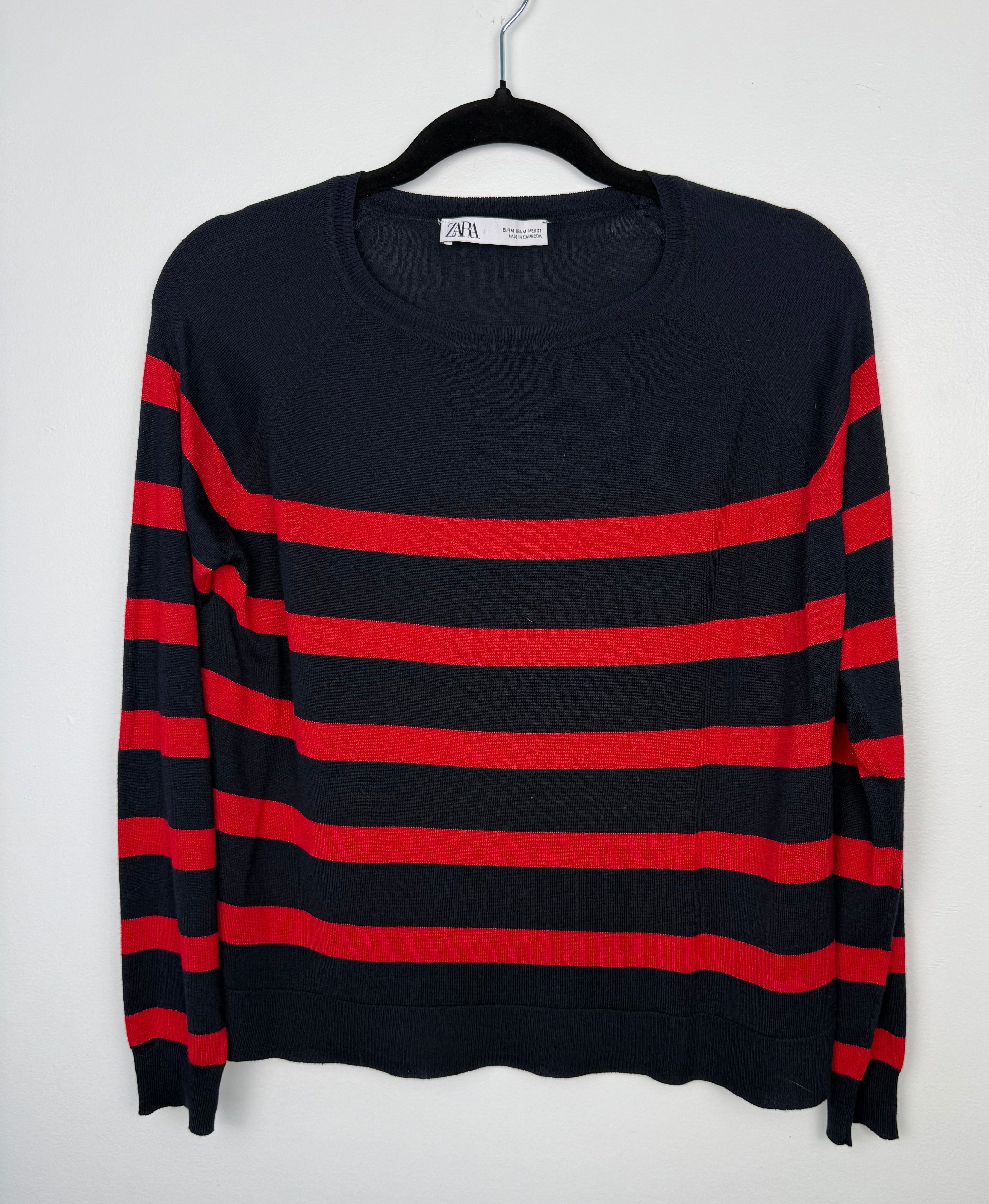 Zara brand navy and red striped sweater for women on hanger - nautical style sweater