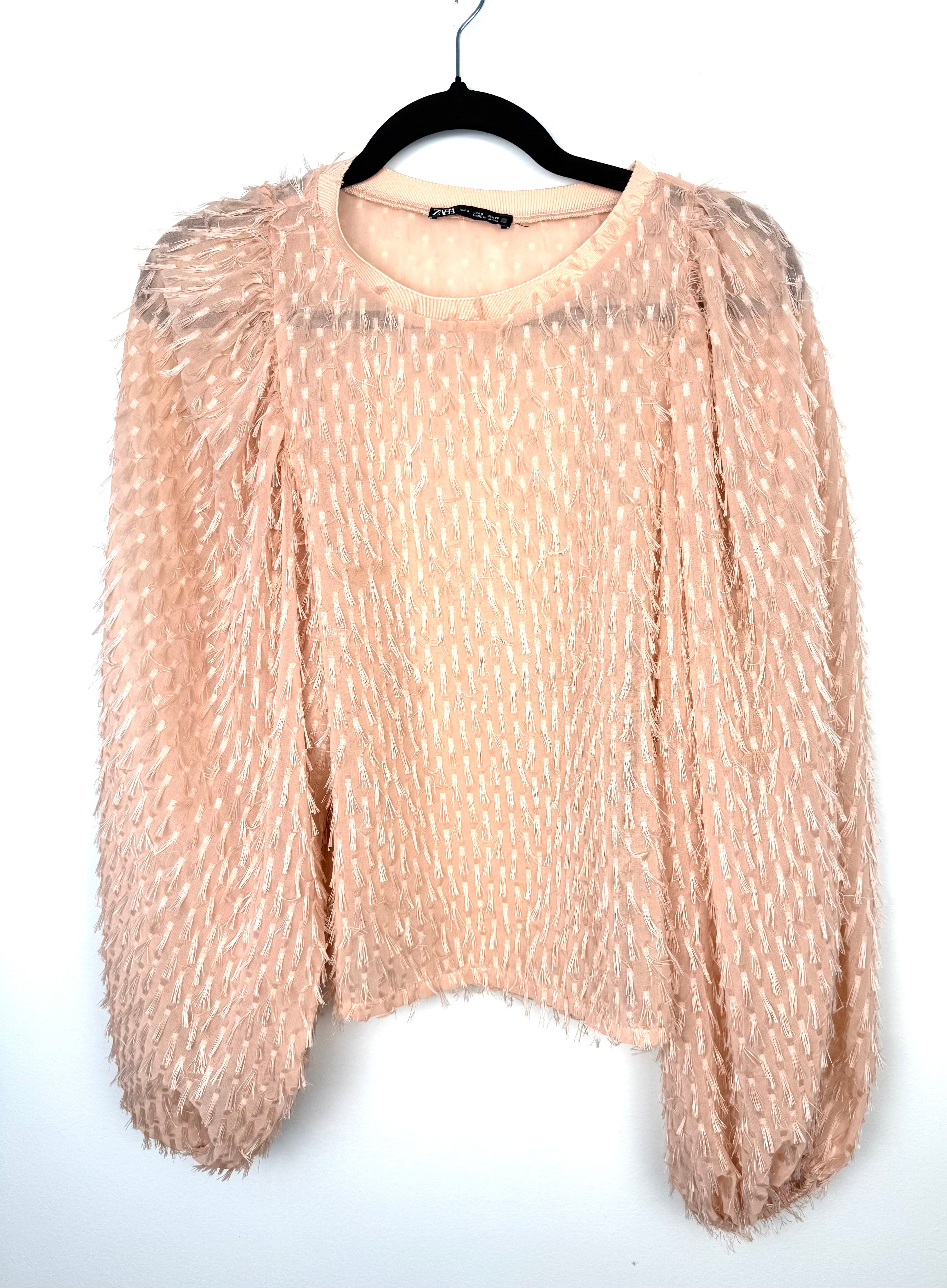 Zara feathery blouse in blush - soft glam, feminine statement piece