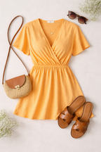 Zara Peach Mini Dress | Size M flatlay lifestyle photo with shoes and a bag 