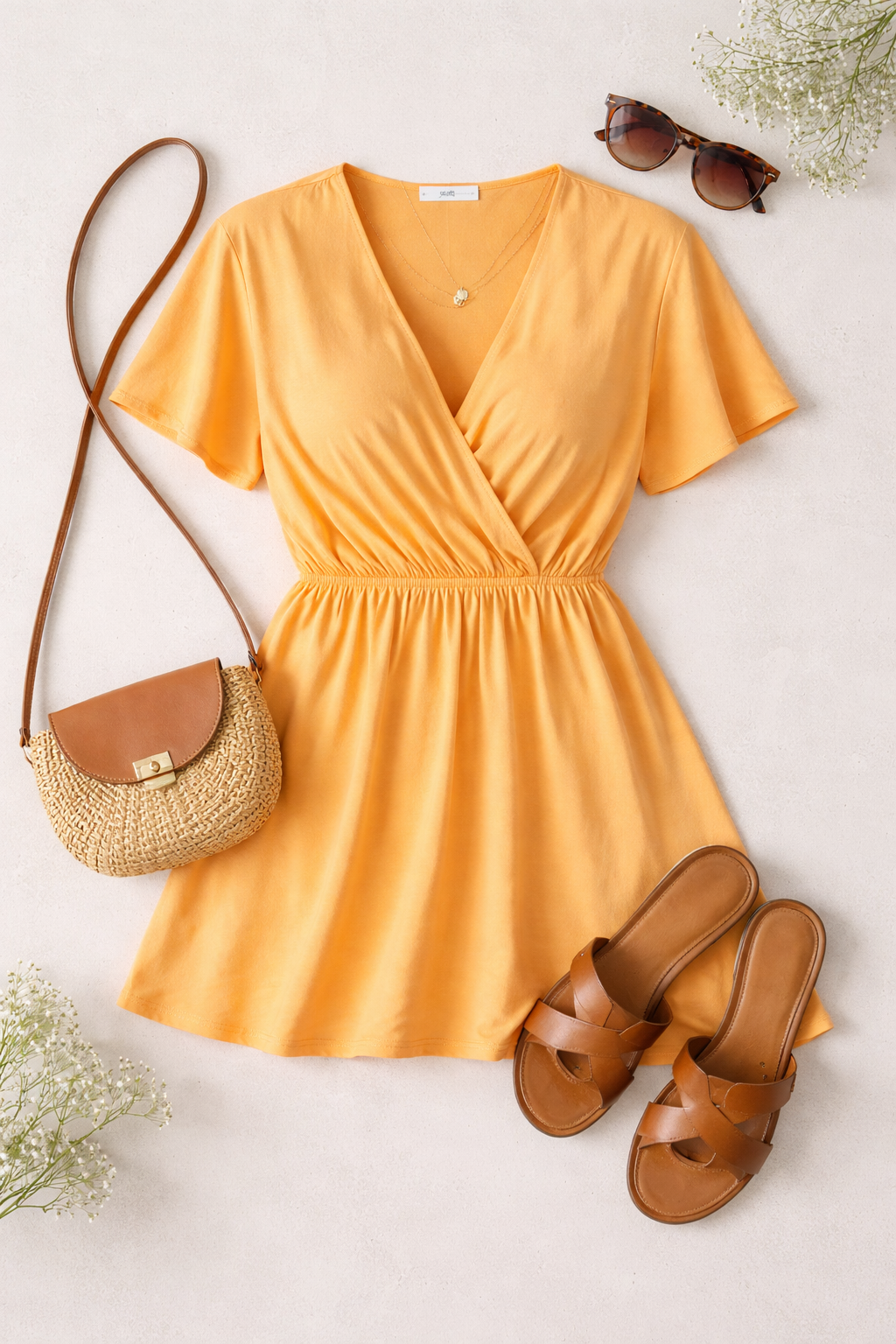 Zara Peach Mini Dress | Size M flatlay lifestyle photo with shoes and a bag 