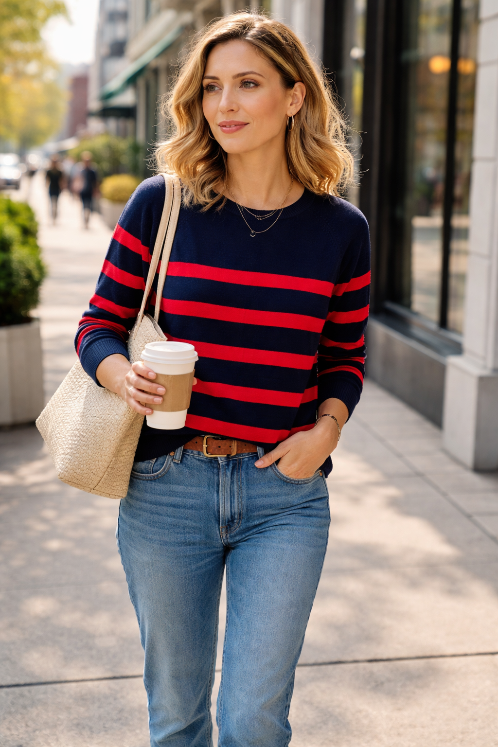 Zara Striped Sweater | Size M at Blue Sparrow Shop Resale Canada on woman walking outside