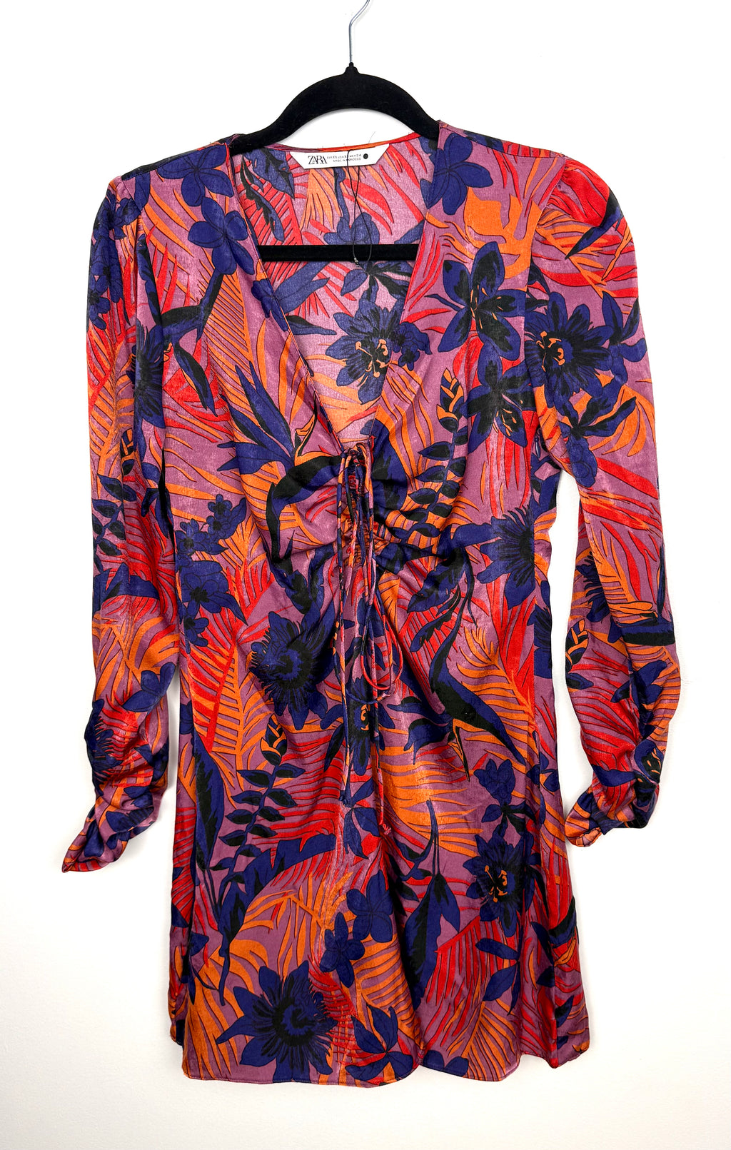 Zara tropical floral mini dress purple orange blue lace up front