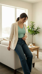 aqua blue coloured Bamboo Tank top by C'est Moi at Blue Sparrow Shop  on woman  sitting on the edge of the couch wearing jeans and a cream coloured blazer