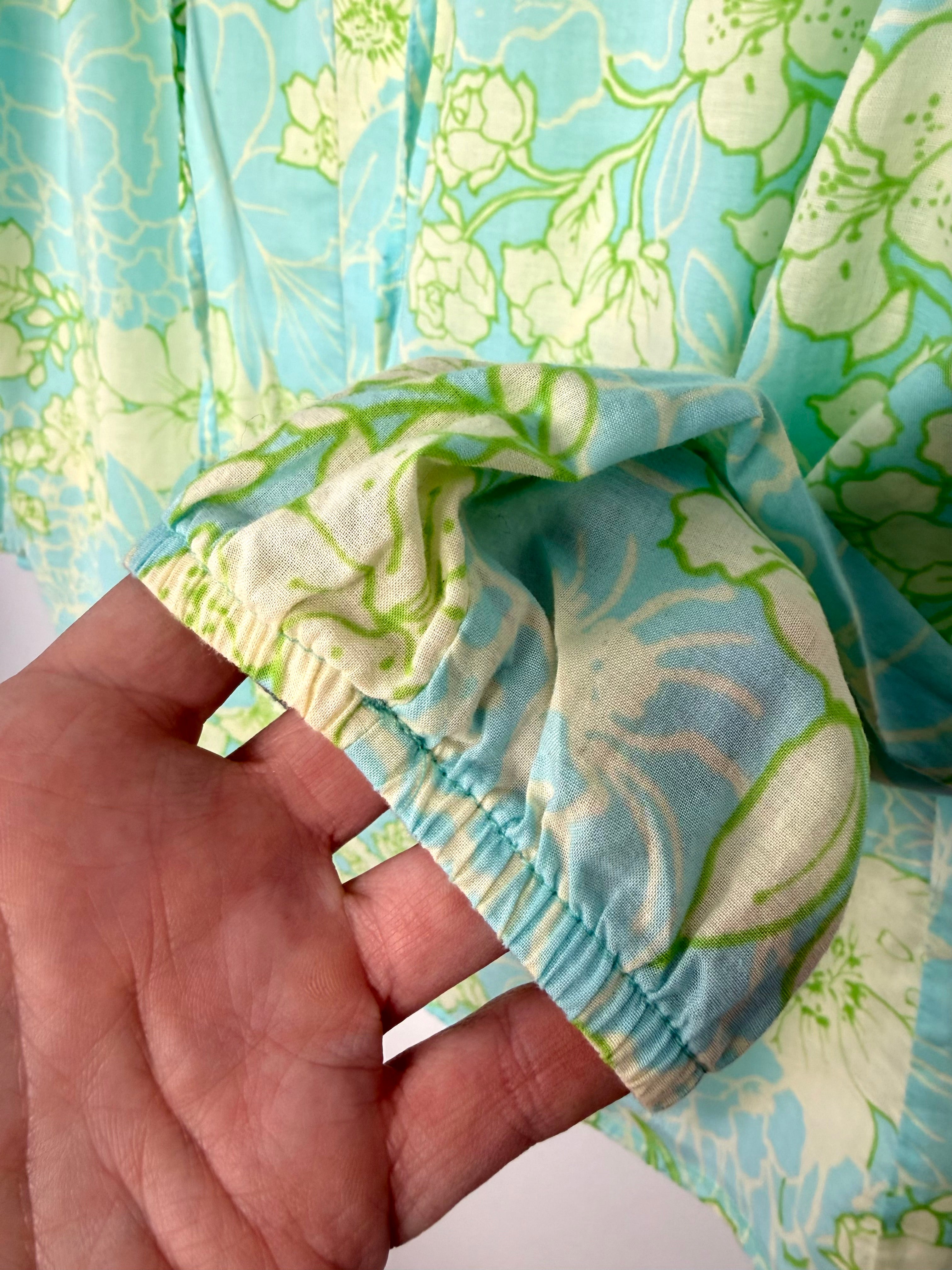 aqua pastel floral long sleeve blouse elastic cuff detail