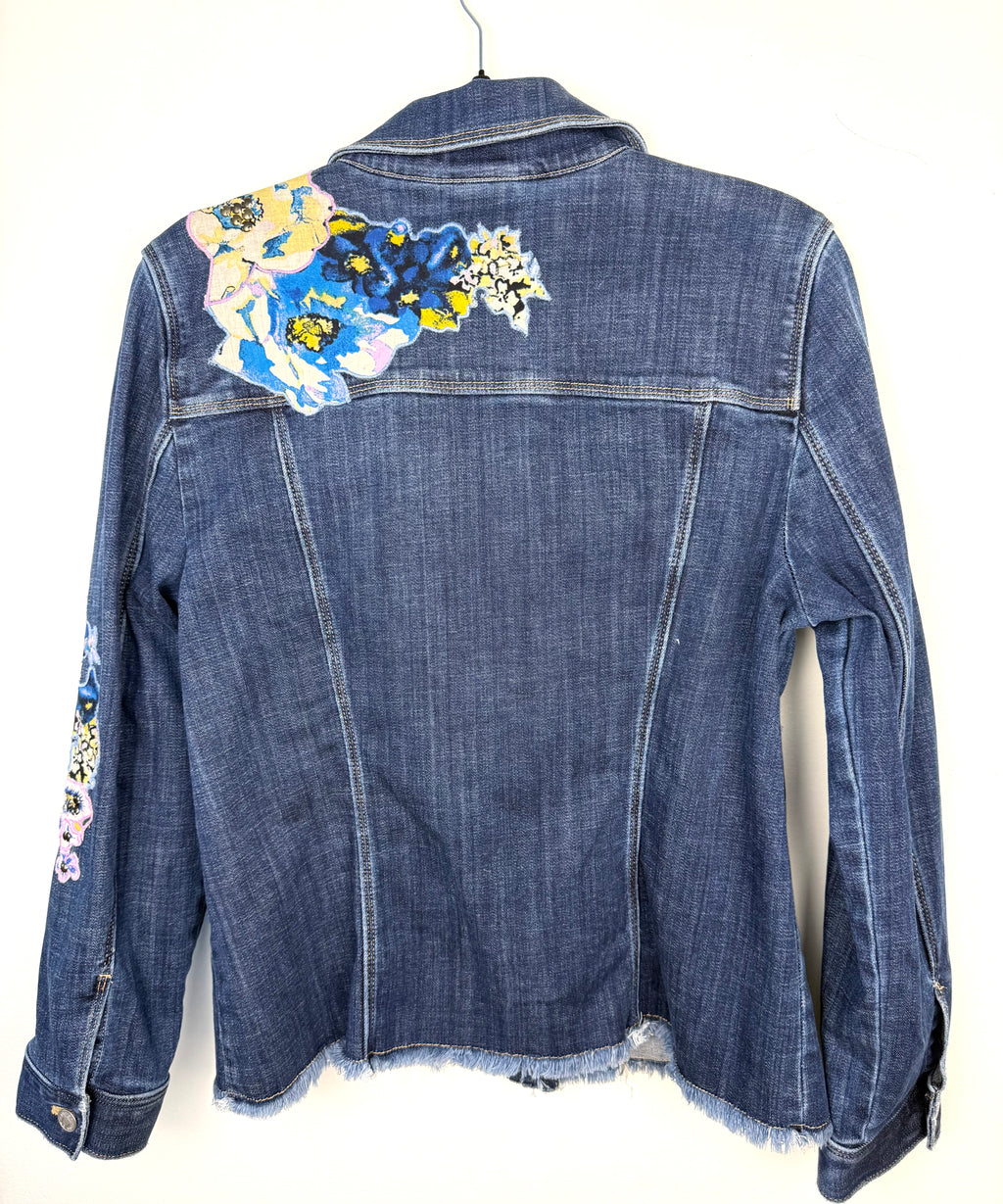 back decal detail on Chicos embroidered denim jacket 
