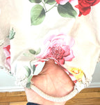 back detail at bottom of Shiva Fashions Made in Italy cottagecore floral cotton hooded jacket beige rose print
