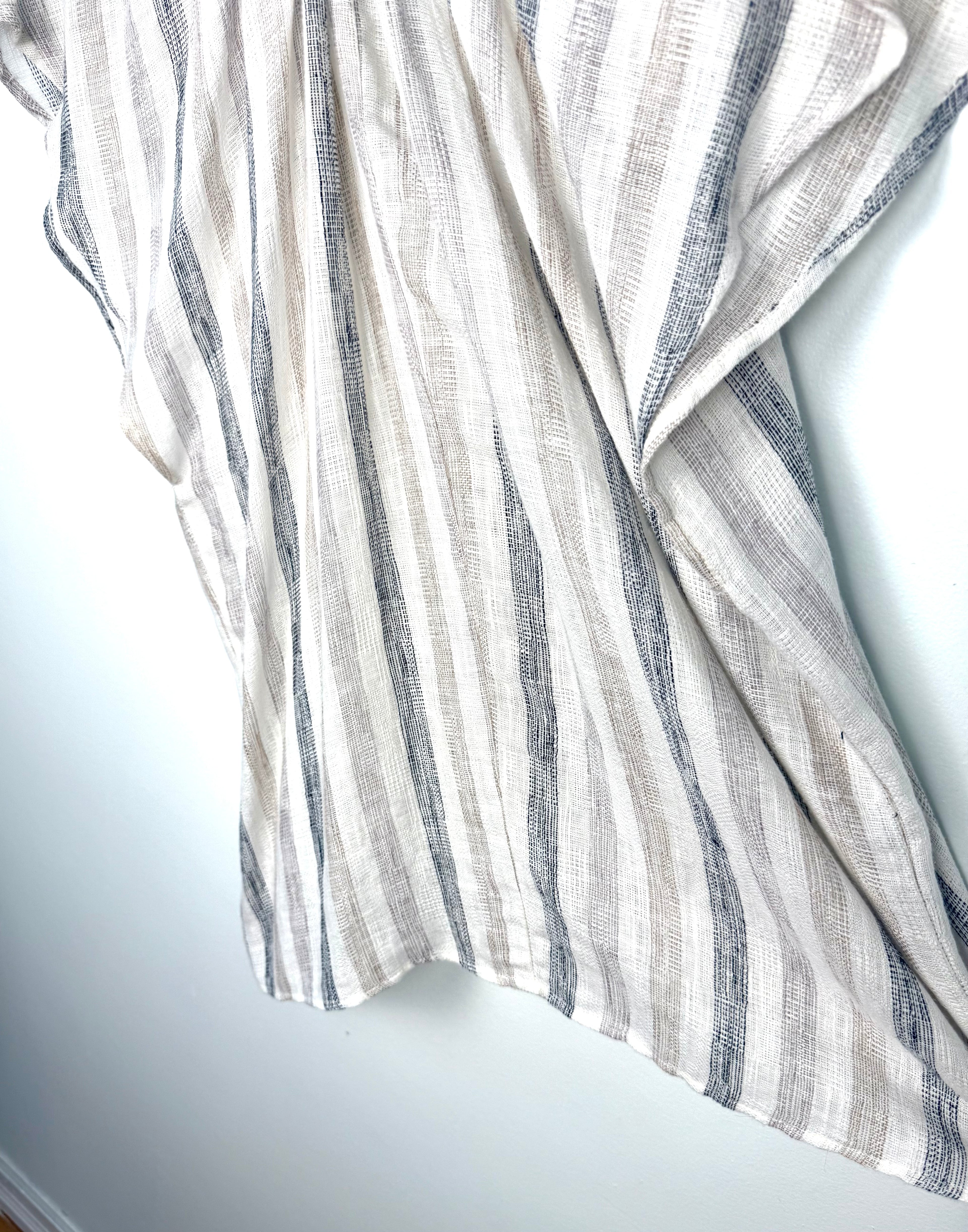 back hanging detail on linen blend striped summer blouse button front coastal style top