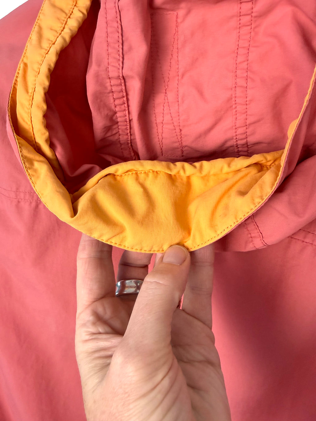 back hood detail on LL Bean anorak jacket in coral and orange 