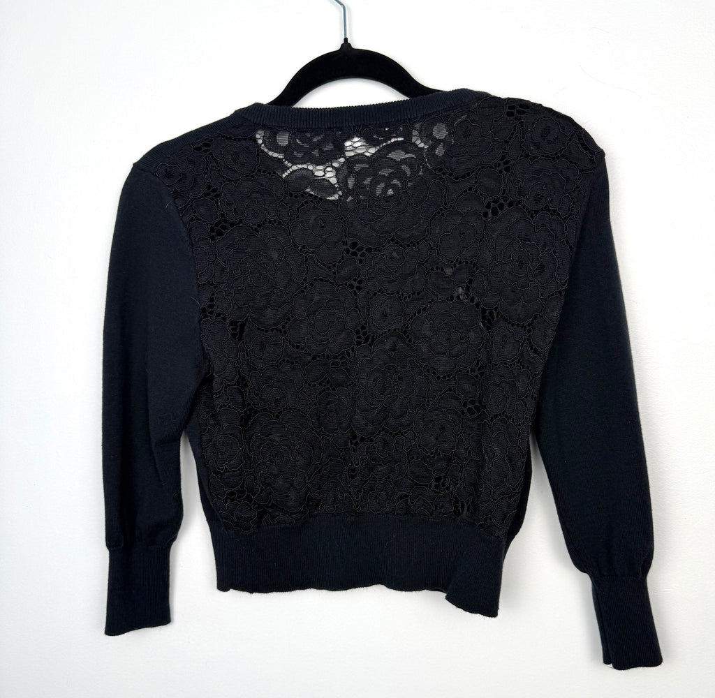 back lace detail on 60's style Karl Lagerfeld Paris black knit cardigan 