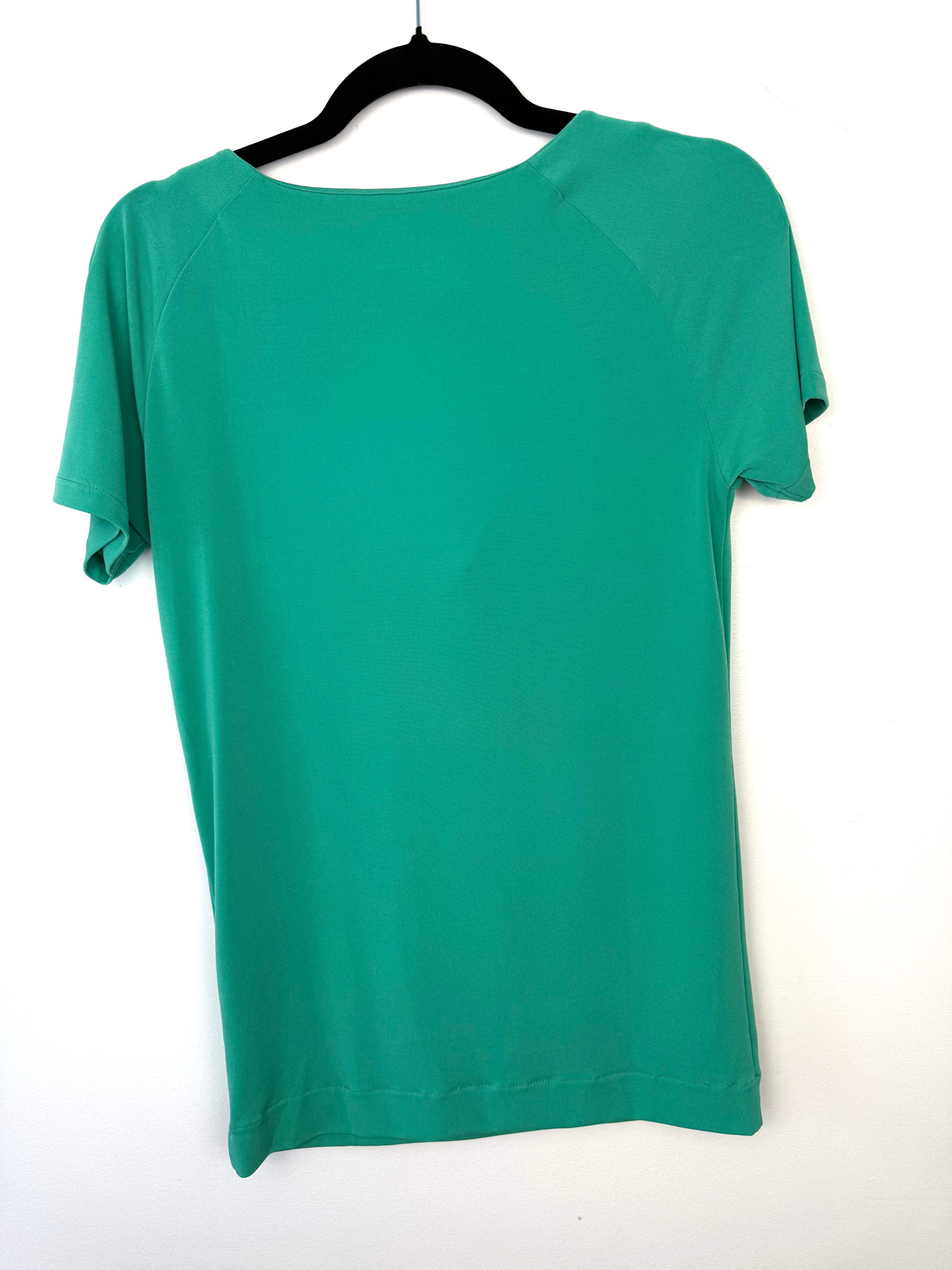 back of Jockey Emerald Green Draped Cowl Neck Top | XS at Blue Sparrow Shop on hanger