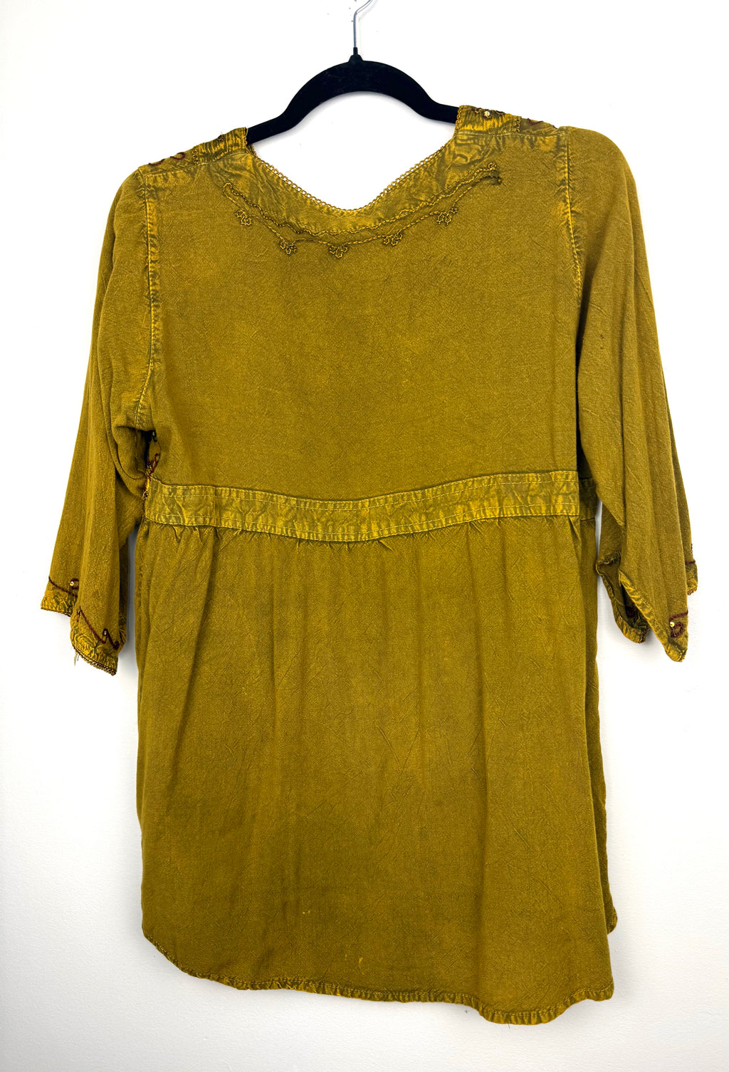 back of 100% Cotton Artisan Embroidered Sequin Tunic — Washed Mustard Gold | Boho Festival Top | Est. Small at Blue Sparrow Shop