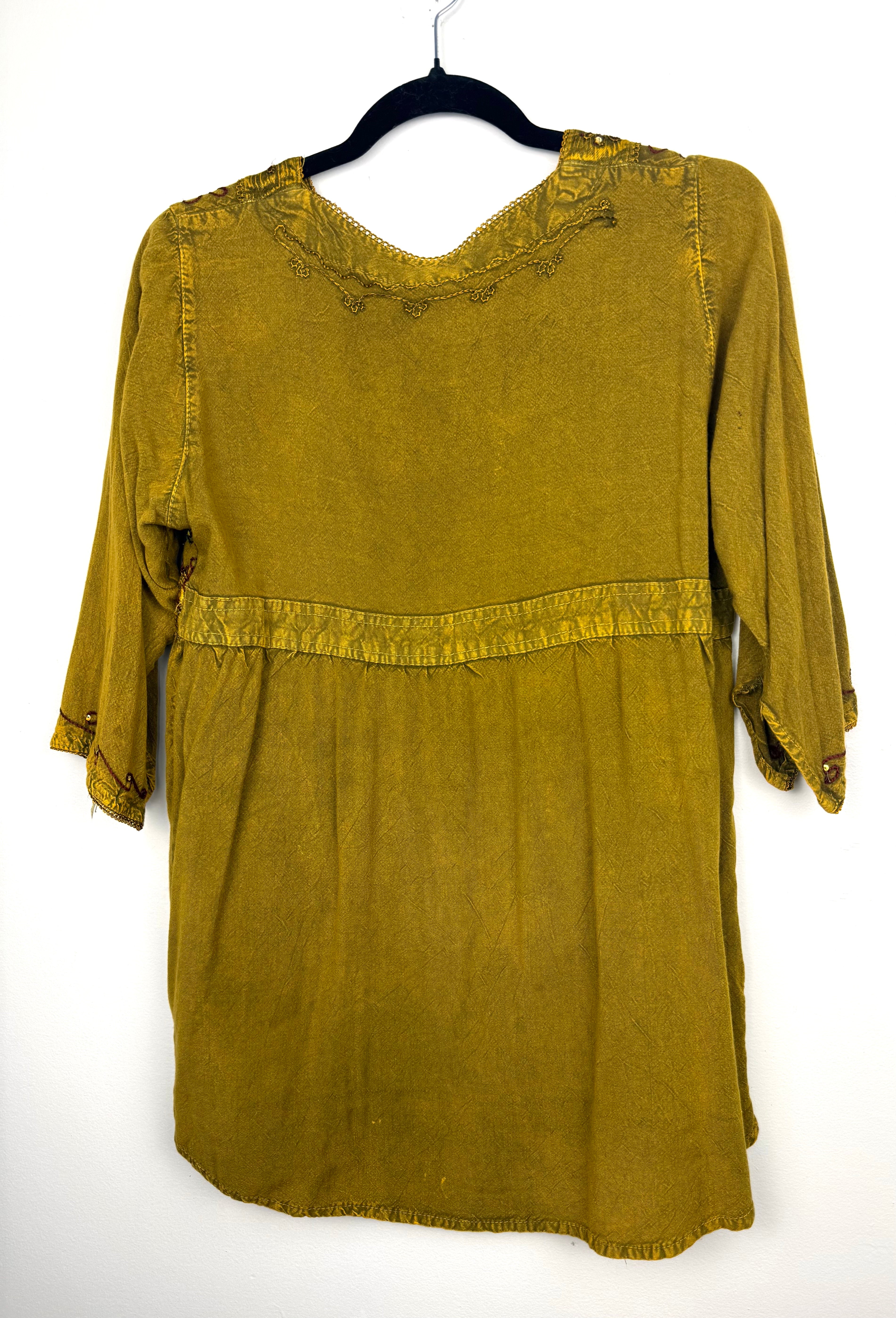 back of 100% Cotton Artisan Embroidered Sequin Tunic — Washed Mustard Gold | Boho Festival Top | Est. Small at Blue Sparrow Shop