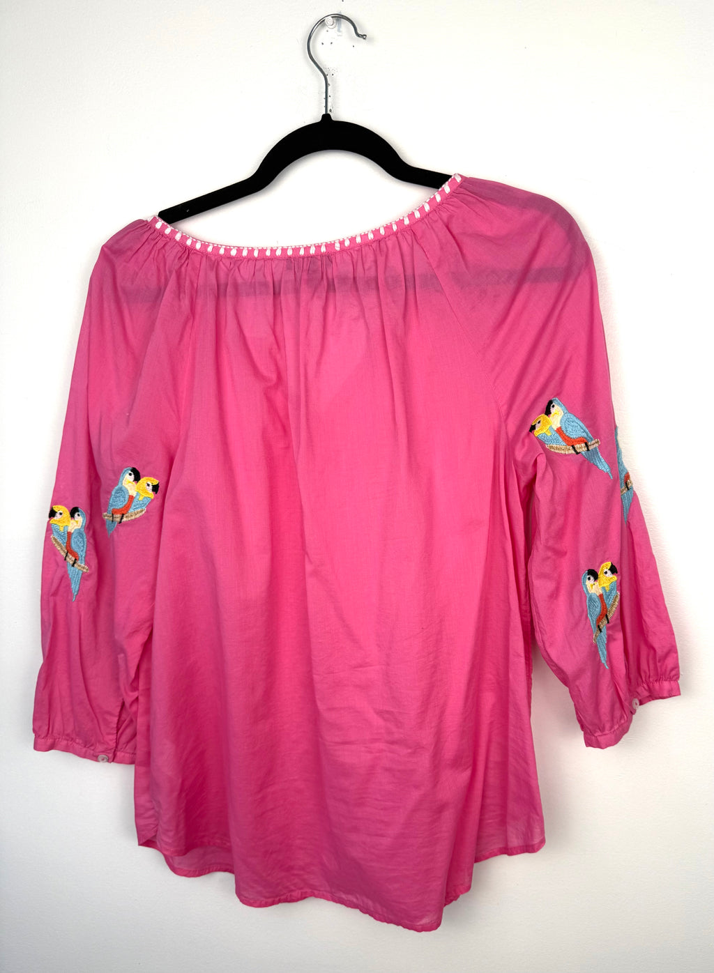 back of 100% Cotton Talbots Embroidered Parrot Top| Size M at Blue Sparrow Shop on hanger