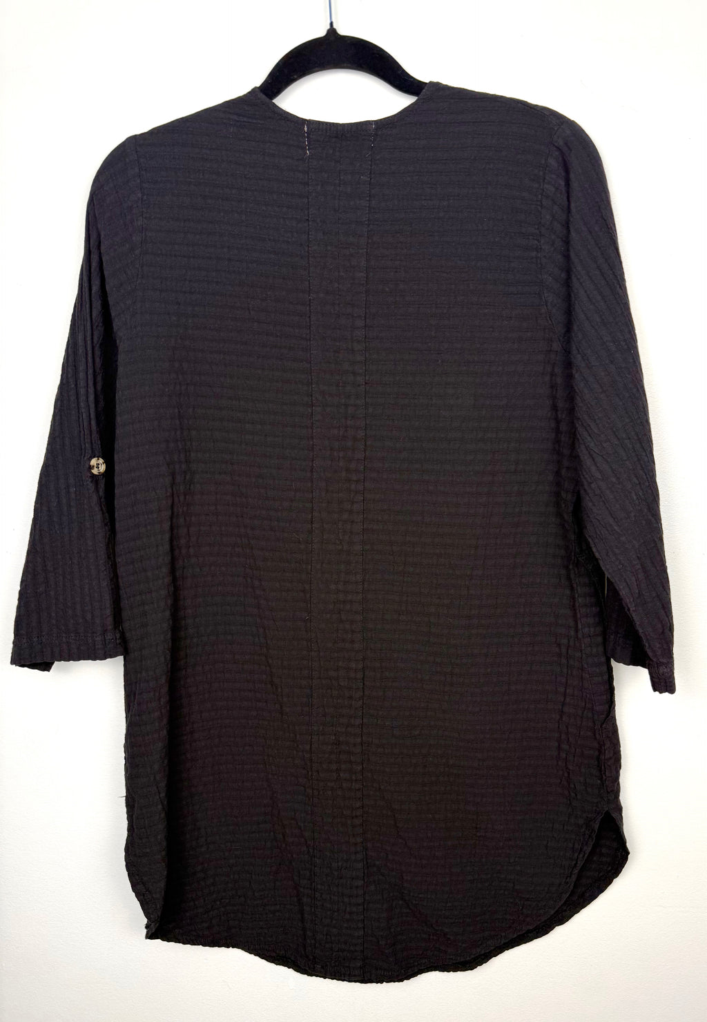 back of 100% Cotton Tilley — Made in Canada Black Gauze V-Neck Tunic, Size S/P at Blue Sparrow Shop  on hanger