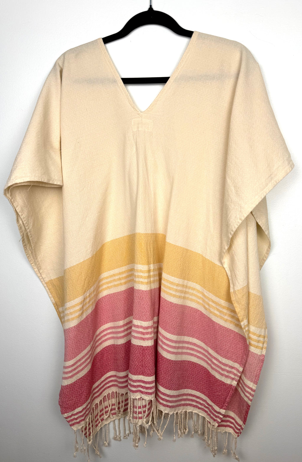 back of 100% Cotton Tribe Alive — Handmade Cream Stripe Fringe Kaftan, One Size at Blue Sparrow Shop Canadian Resale Reimagined  on hanger
