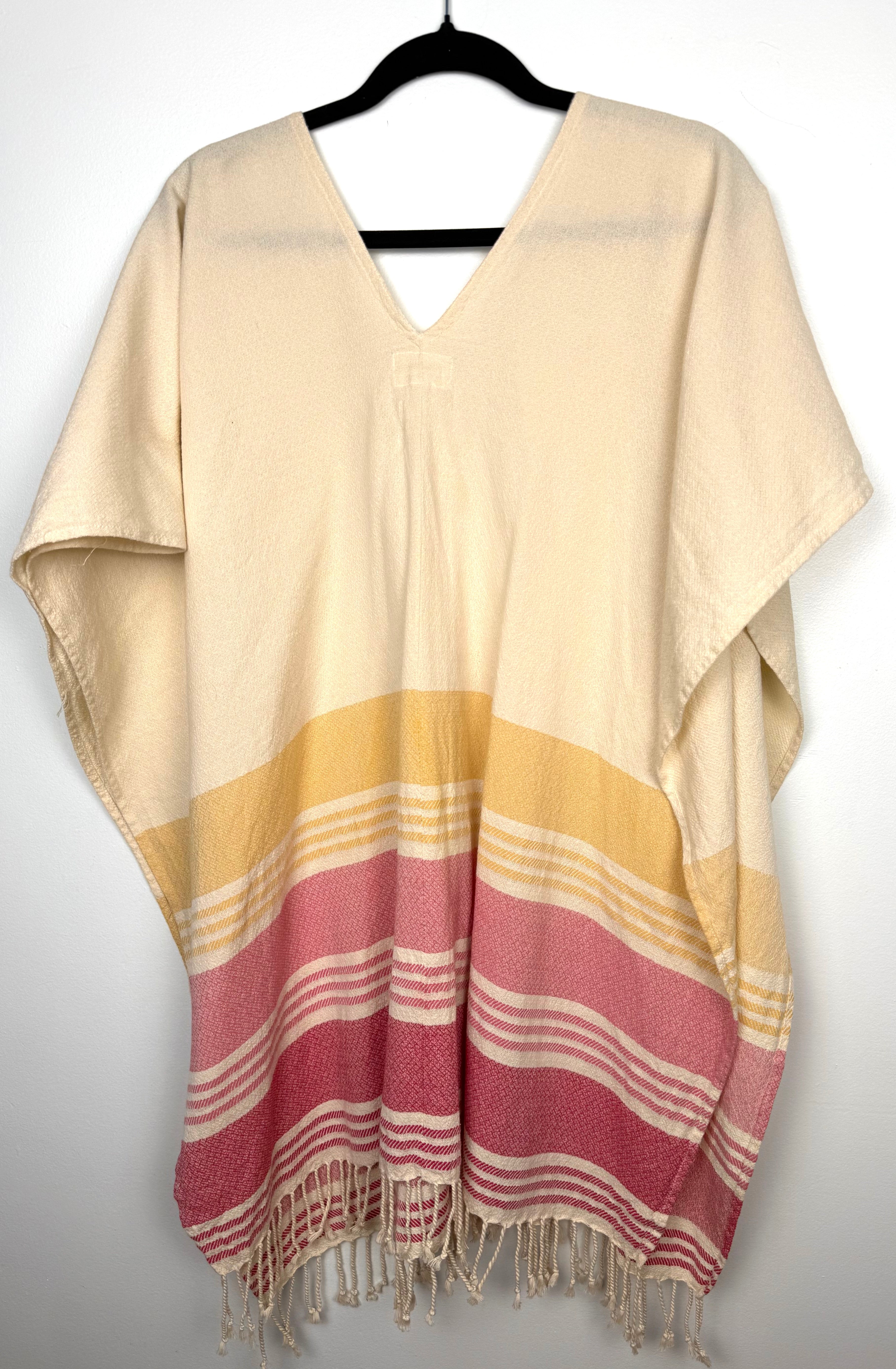 back of 100% Cotton Tribe Alive — Handmade Cream Stripe Fringe Kaftan, One Size at Blue Sparrow Shop Canadian Resale Reimagined  on hanger