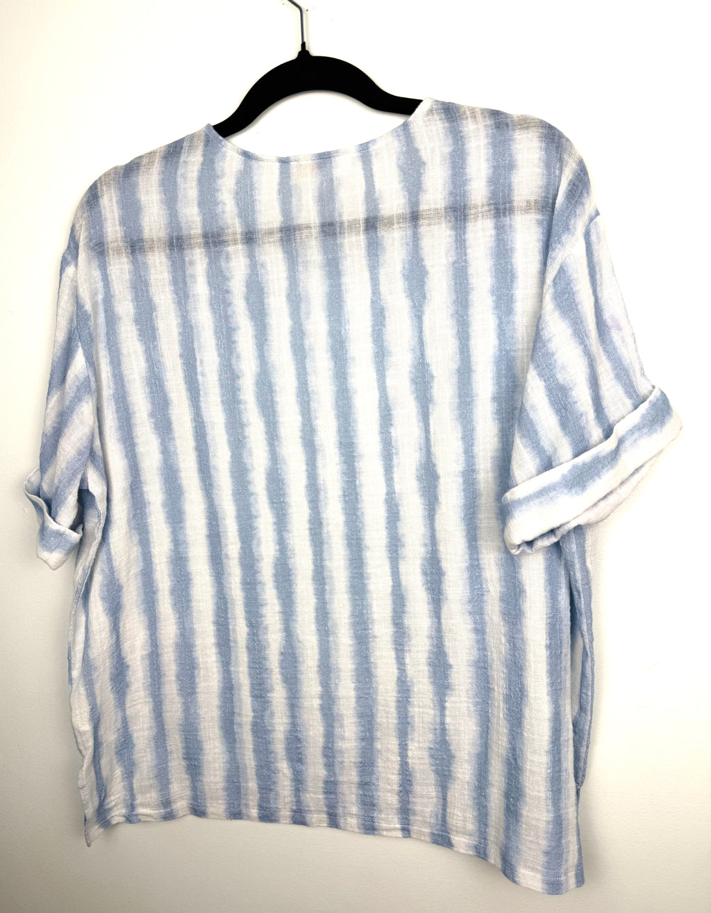 back of 100% Cotton Watercolour Stripe Boxy Scoop Neck Top — Soft Blue & White | GG Jeans | Size XL at Blue Sparrow Shop