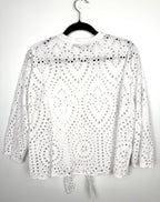 back of 100% Cotton White Eyelet  Blouse | Size XL at Blue Sparrow Shop  on hanger
