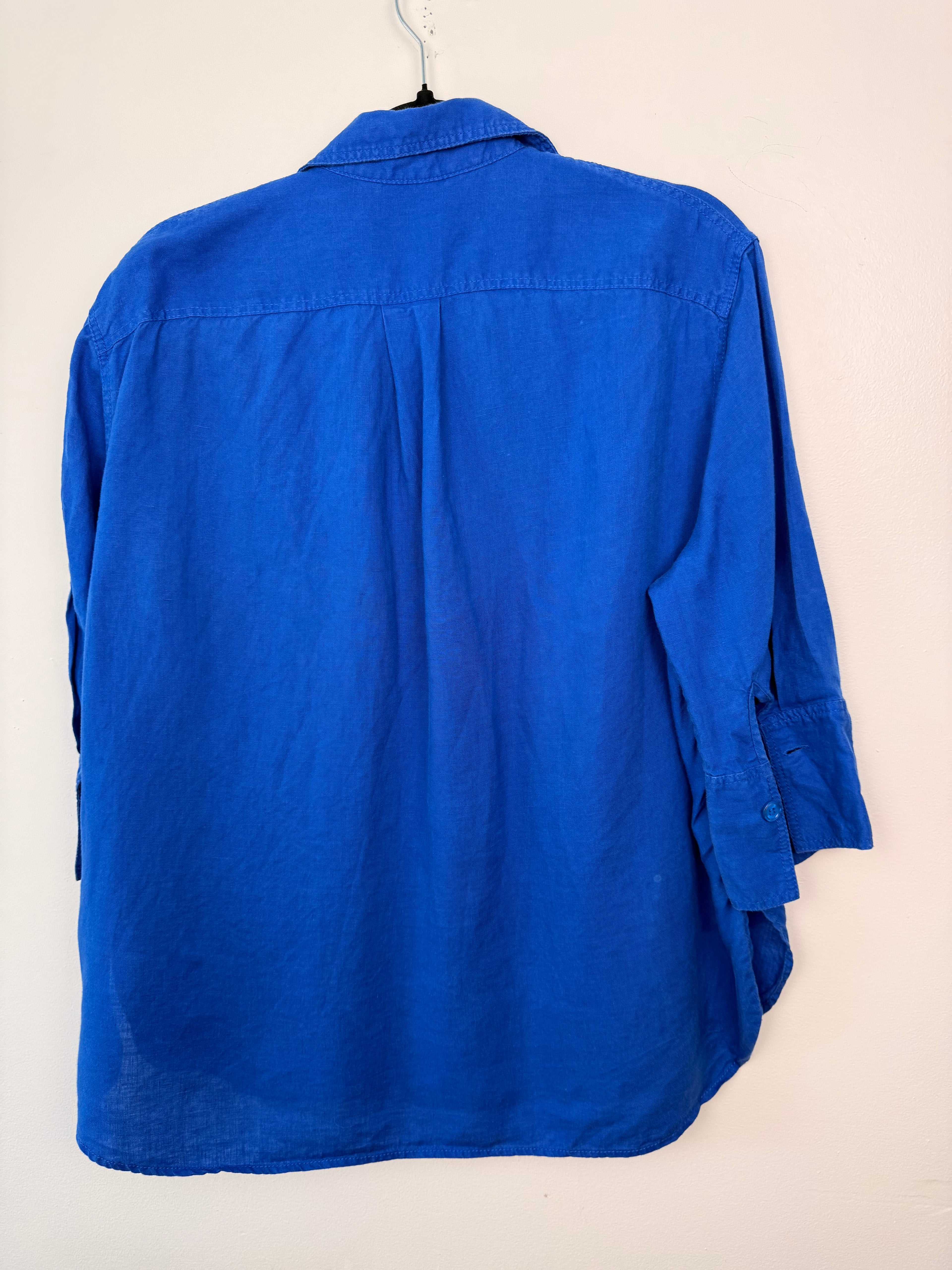 back of 100% Linen Cobalt Blue Button Front Shirt by Zara | Size S on hanger