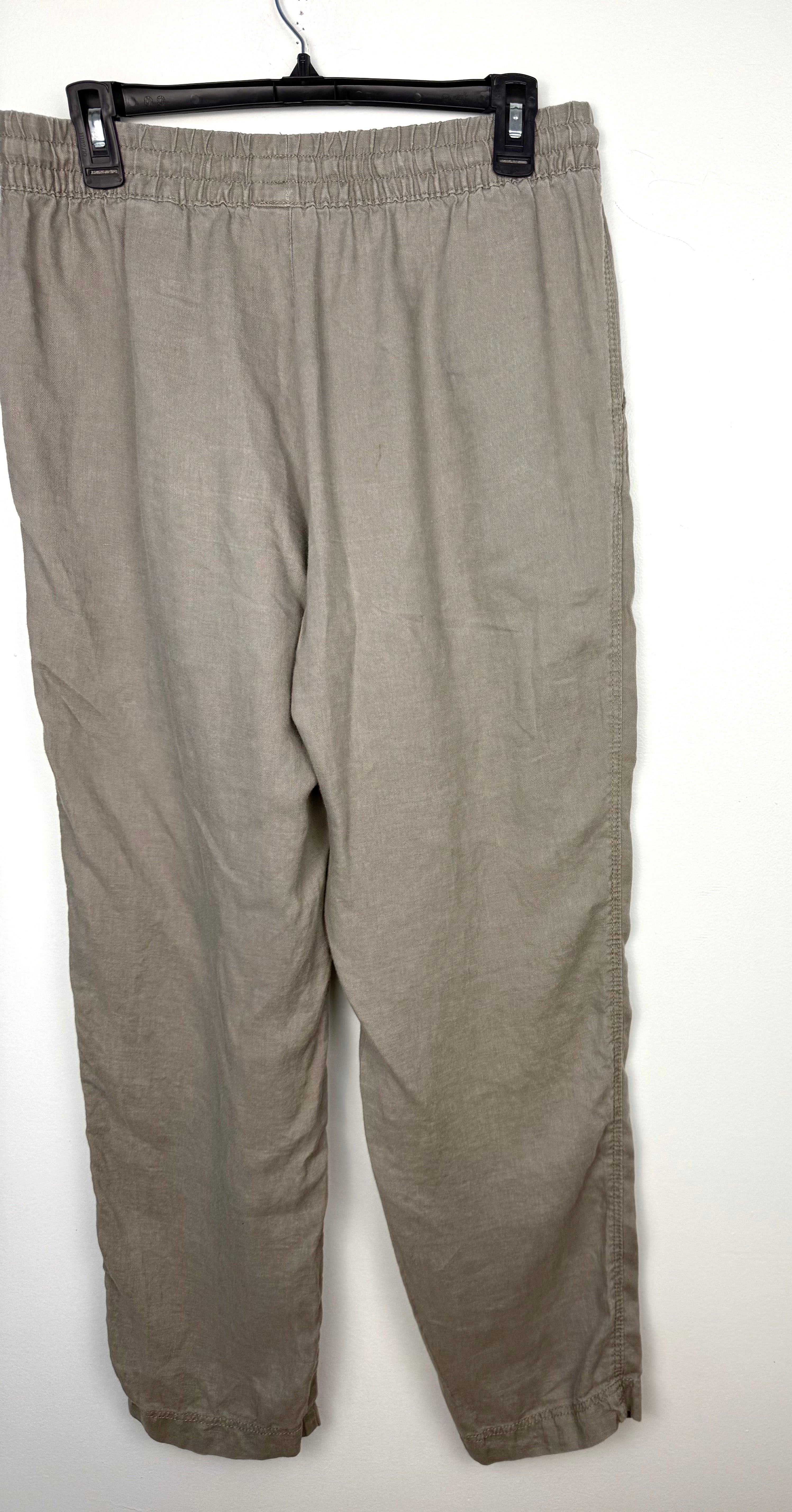 back of 100% Linen  Drawstring Pants – Taupe Relaxed Fit Pull-On Trousers – H&M Small at Blue Sparrow Shop on hanger
