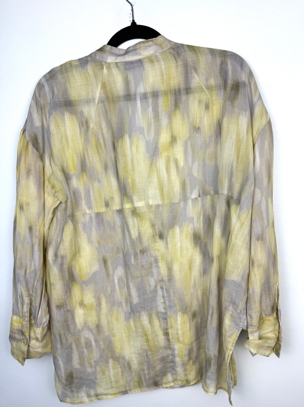 back of 100% Linen Zara Abstract Print Shirt | XS at Blue Sparrow Shop on hanger