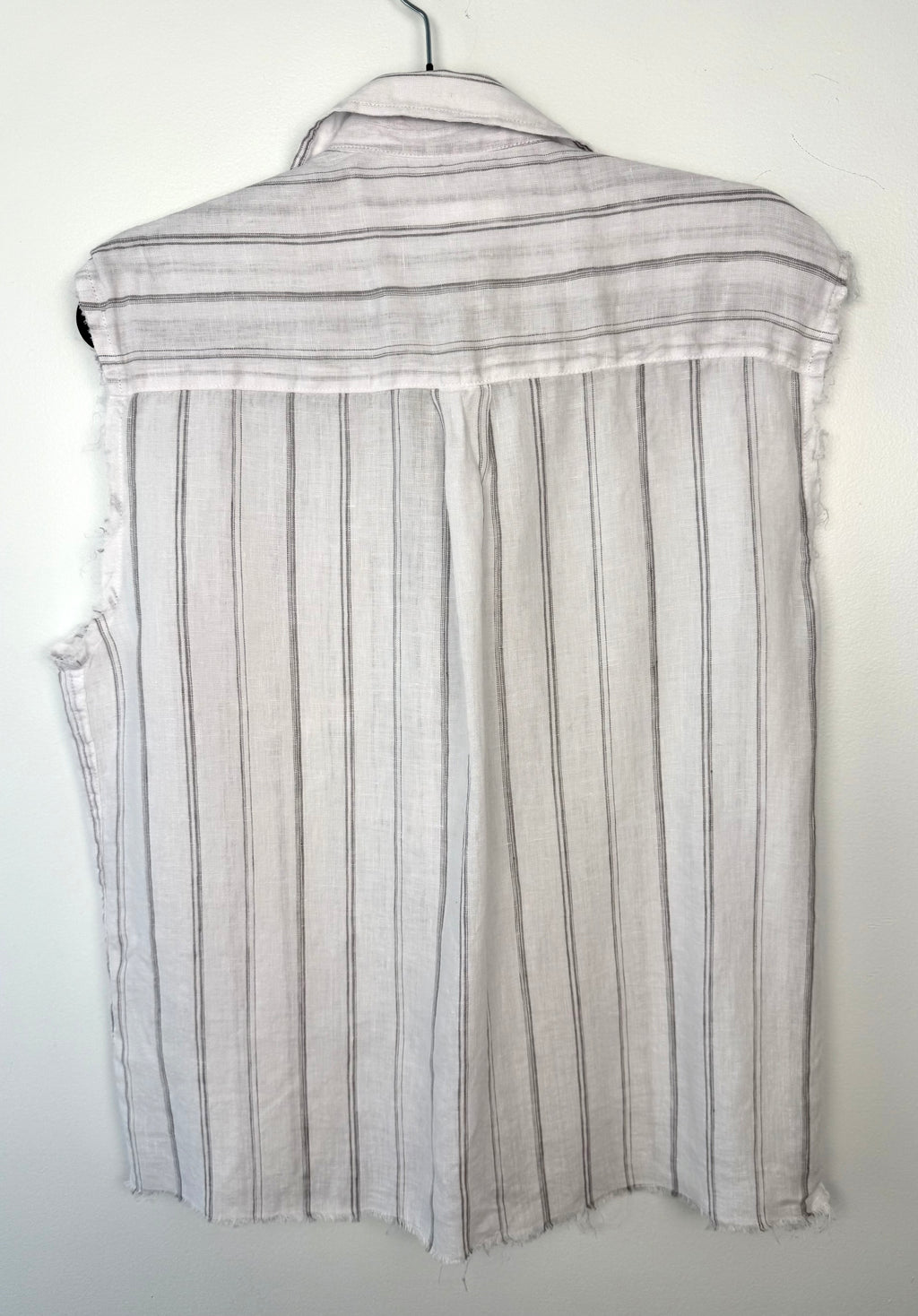 back of 100% Linen Zara Sleeveless Button Front Top | Size M at Blue Sparrow Shop  on hanger