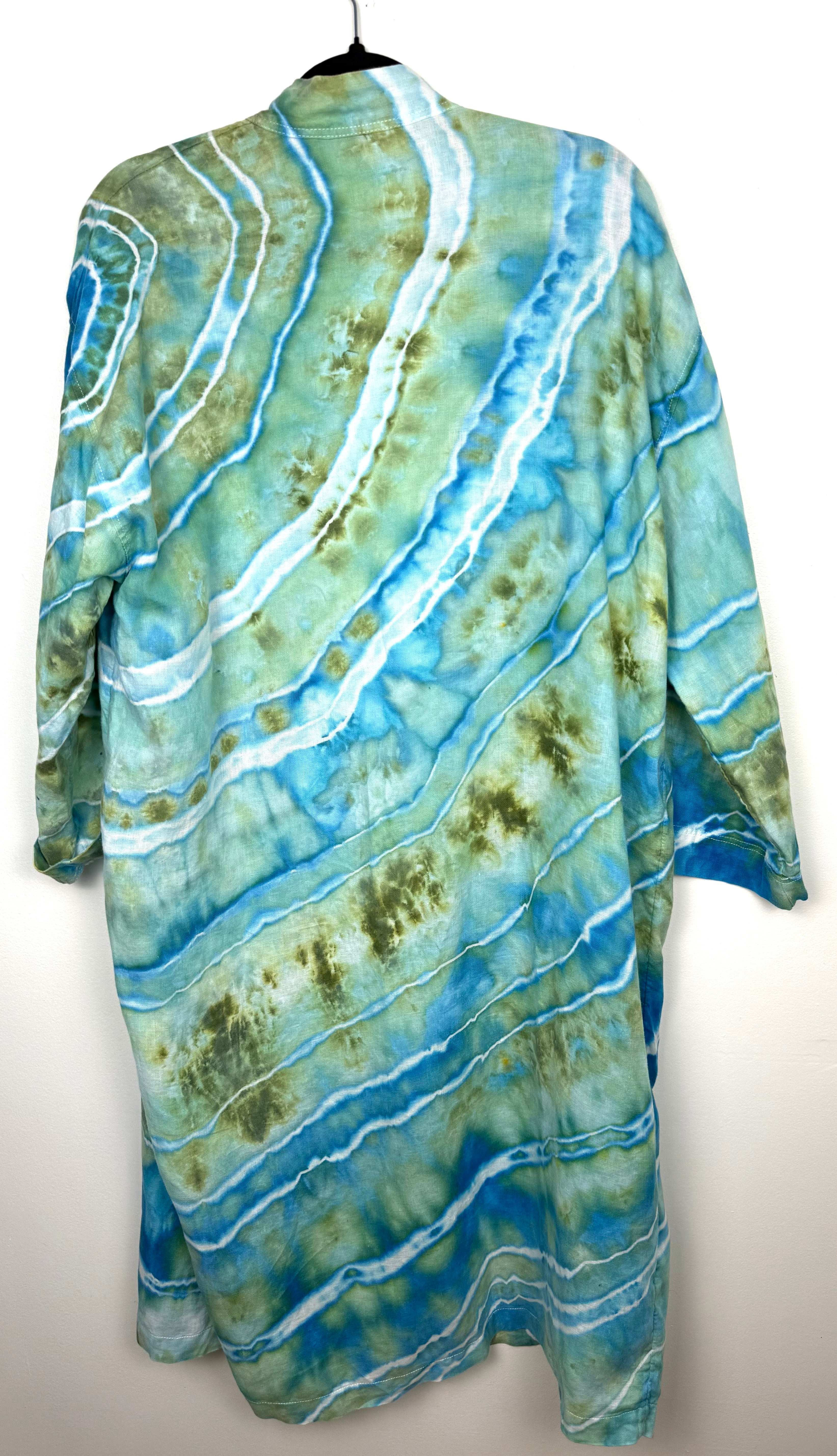 back of 100% Stone-Washed Pure Linen Hand-Dyed Duster | Local Lanark County Artisan | Size XL  at Blue Sparrow Shop