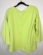 back of 100% cotton Made in USA lime/chartreuse green oversized boxy scoop neck top at Blue Sparrow Shop  on hanger